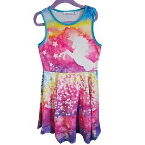 Sunshine Swing Unicorn Print Dress Girls Size 4 Rainbow Cloud Whimsical Colorful